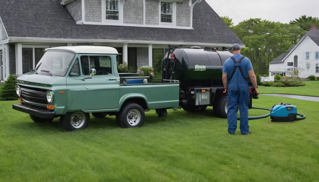 Local septic provider's pump truck parked beside a home's lawn while a technician checks the tank lid in Murrysville